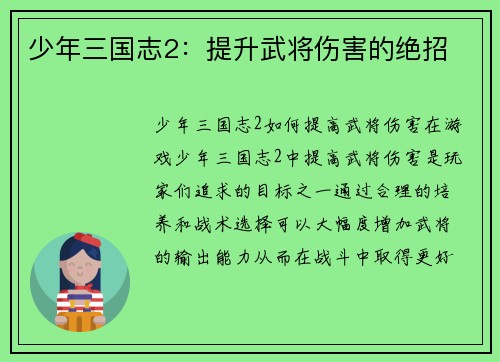 少年三国志2：提升武将伤害的绝招